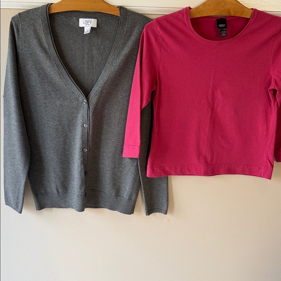 LOFT Sweaters - LOFT Women's Charcoal Gray V-Neck Button Cardigan & Deep Rose 3/4 sleeves shirt